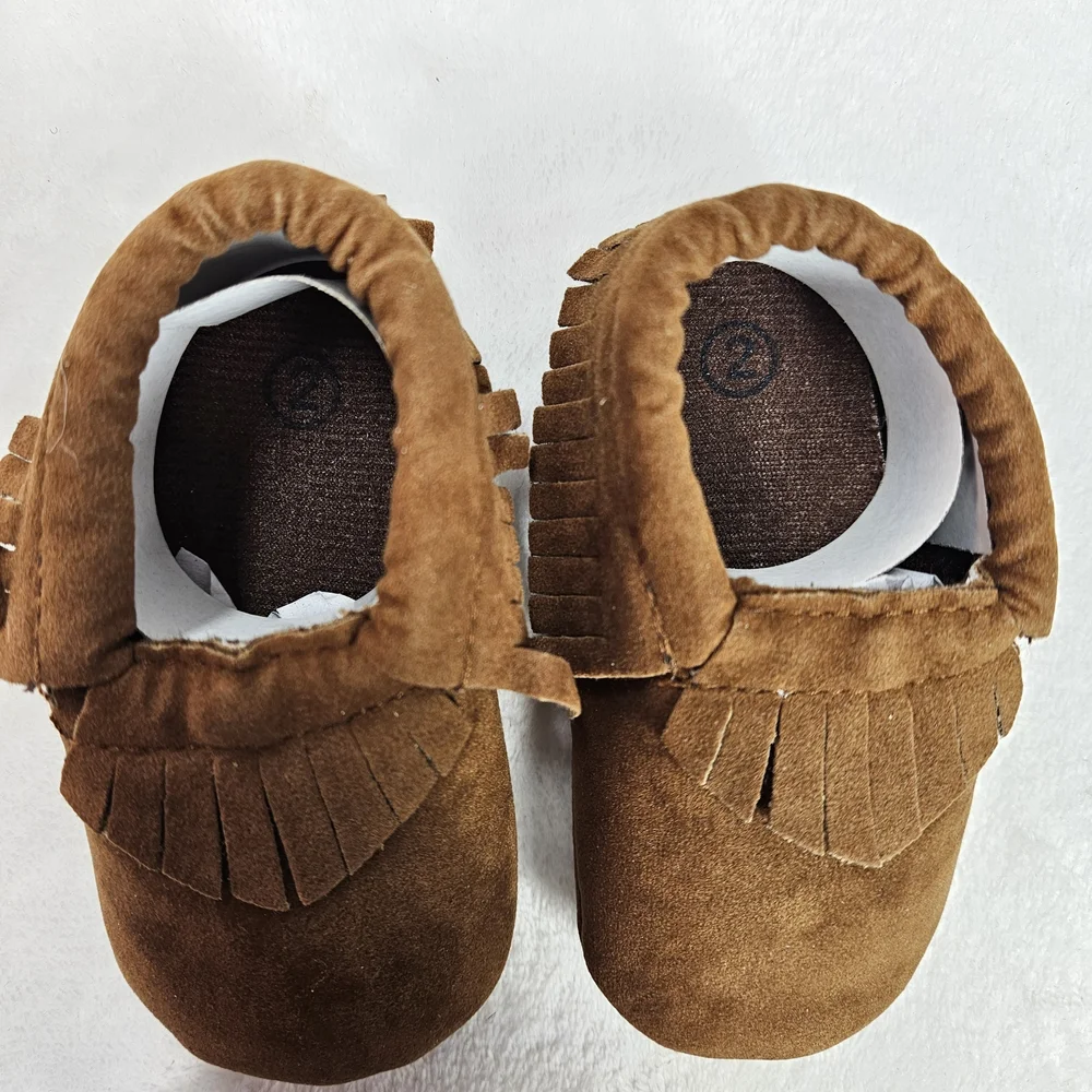Meckior Baby Moccasins Size 2 Brown Faux Leather Tassel Soft Sole Crib Shoes NEW